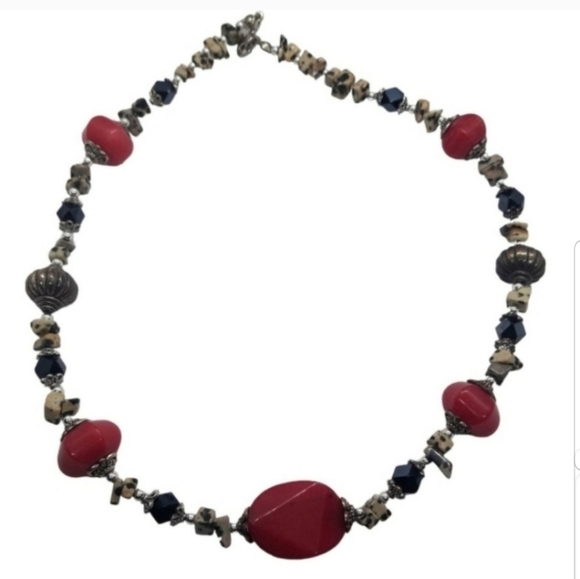 DALMATION JASPER, BLACK ONYX & RED AGATE STONE ORNATE VINTAGE NECKLACE - Picture 5 of 5